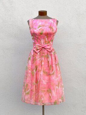 Vintage 60s Susan Deb Pink Floral Chiffon Fit and Flare Party Dress Small